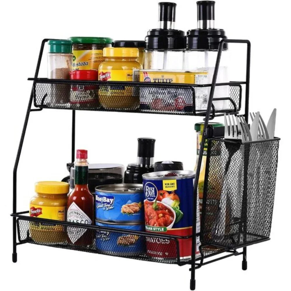 New Black Countertop Organizer, Bathroom, Bedroom & Kitchen Shelf with Basket
